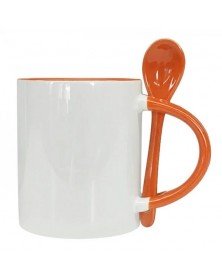 Кружка ПРЯМАЯ с ложкой белая внутри оранжевая.. Кружка ПРЯМАЯ с ложкой белая внутри оранжевая..